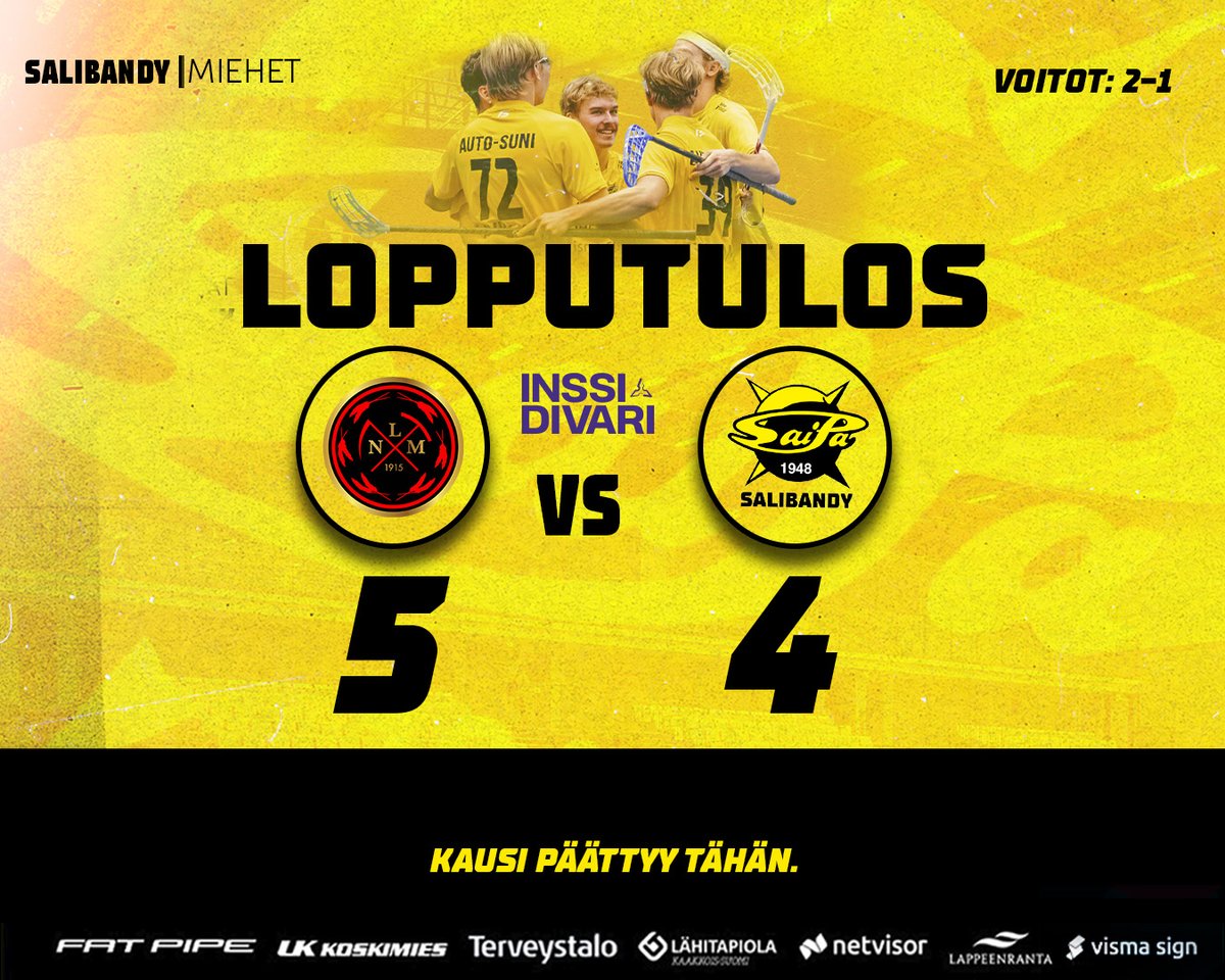 SaiPaSB's tweet photo. Lopputulos | 5-4 | ❌

Kausi päättyy valtavaan pettymykseen. SaiPa Salibandyn miehet pelaavat Suomisarjassa kaudella 2026-2027.

Kiitos kaikille tästä kaudesta! Palataan ensi kauden kuvioihin, sitten kun sen aika on.

#saipasb #ylpeästikeltamusta #salibandy https://t.co/FcA4q9MD1I