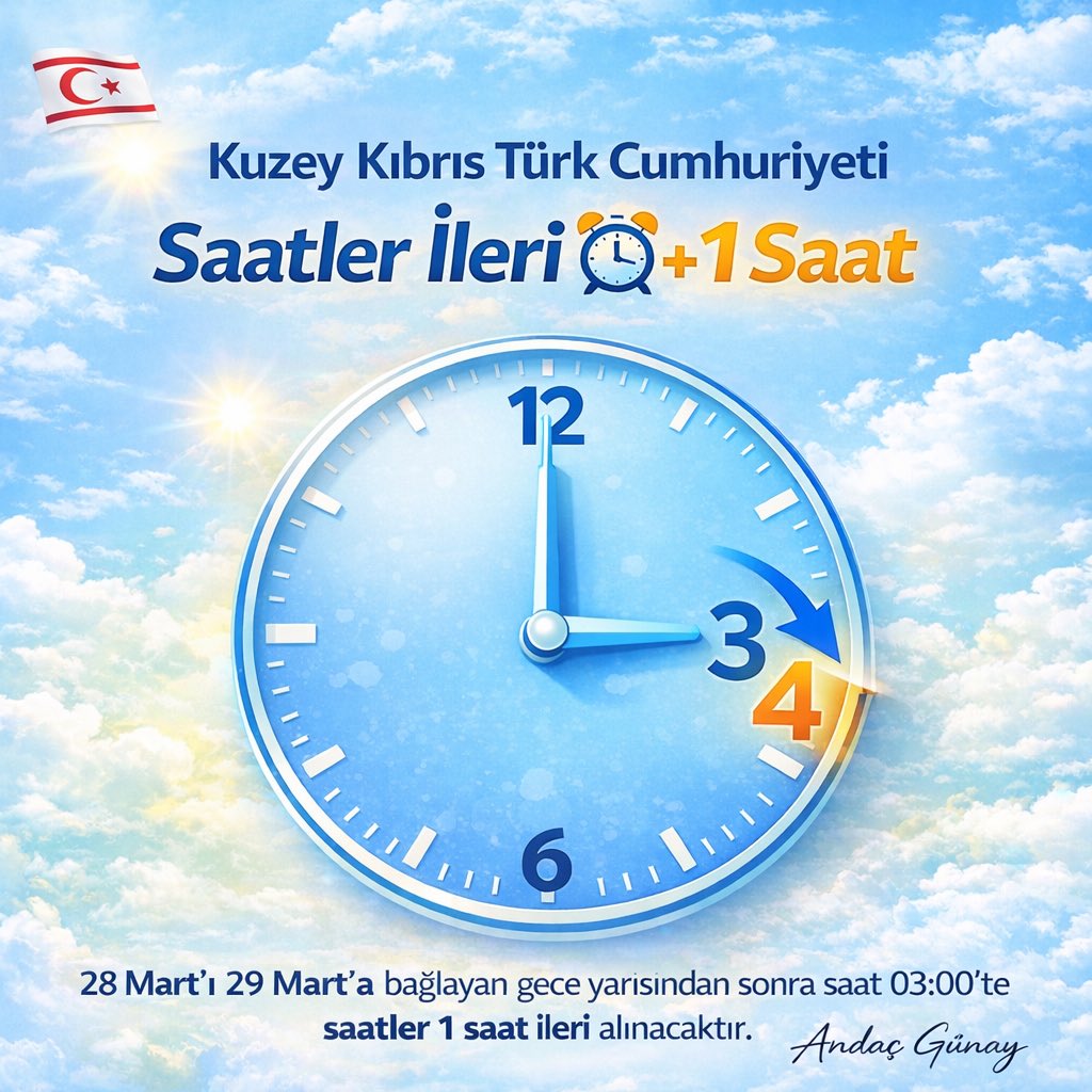 Andagio's tweet photo. Kuzey Kıbrıs’da yaz saati uygulaması başlıyor… ⏰

28 Mart’ı 29 Mart’a bağlayan gece yarısından sonra saat 03:00’te saatlerimizi 1 saat ileri alıyoruz.

#kuzeykıbrıs #saat #yazsaati https://t.co/fmuGreBQRq