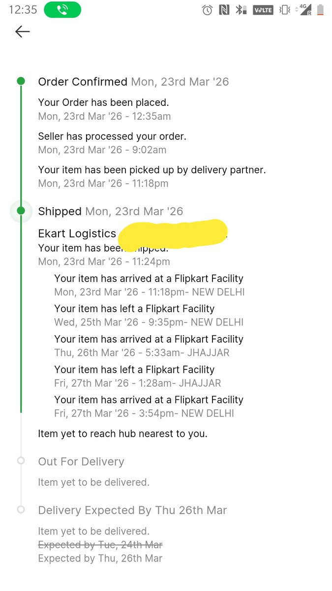 v_yadav7's tweet photo. @Flipkart @Ekart_Logistics This is unacceptable. ​My Miraggio Tote (OD*******100) was due March 24. It's now 28th. Your App says "Left Facility" but Support says it's still there. ​Stop the conflicting stories and deliver my order NOW.#ServiceFail #Flipkart #Ekart https://t.co/6vOLbXgNWU