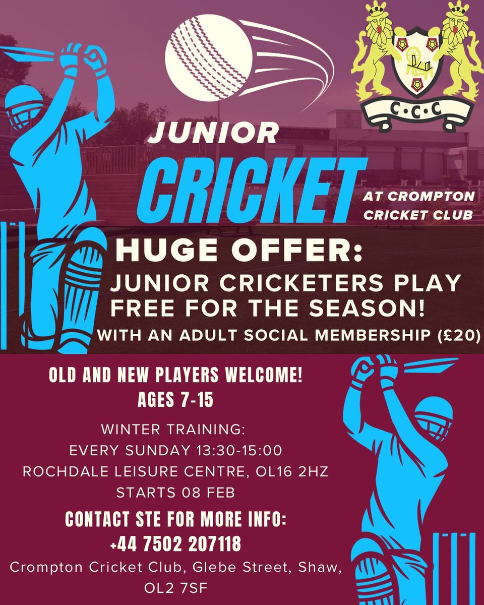 crompton_cc's tweet photo. Reminder: Junior cricket training is on this Sunday! 🏏

Ages 7–15 welcome – all juniors play FREE this season with an adult social membership (£20).

Every Sunday, 13:30–15:00 at Rochdale Leisure Centre.

Contact Ste for more info: +44 7502 207118 

#ccc #cromptoncricketclub https://t.co/9v0a8TdEcG