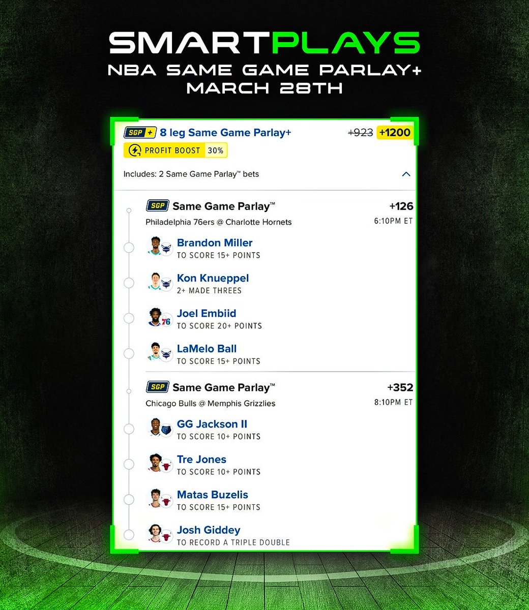 NBA Saturday • Same Game Parlay+ 🏀 +1200

3-Day VIP Free Trial -> SmartPlaysDaily.ca