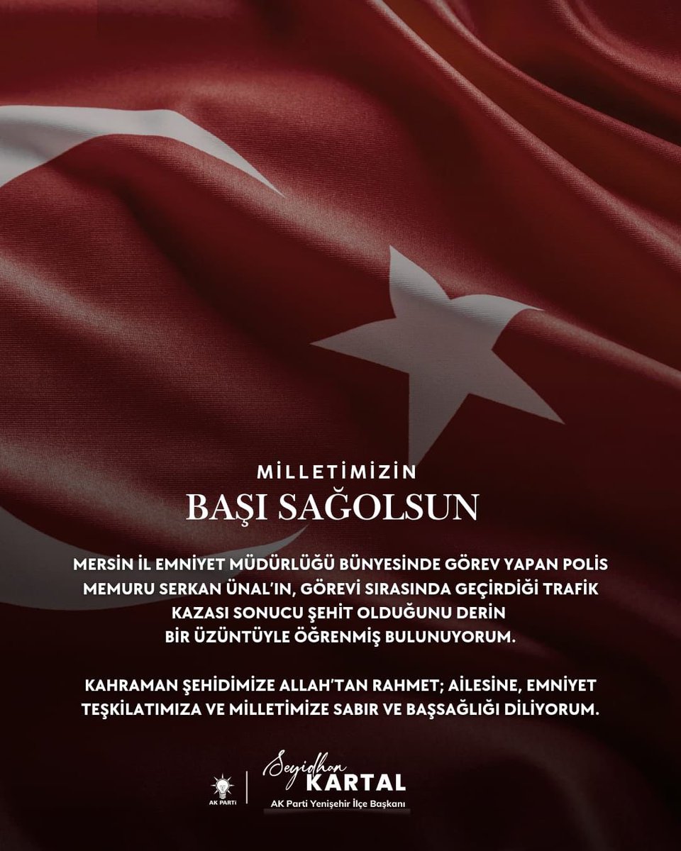 seyidhankartal's tweet photo. Mersin İl Emniyet Müdürlüğü bünyesinde görev yapan Polis Memuru Serkan Ünal’ın, görevi sırasında geçirdiği trafik kazası sonucu şehit olduğunu derin bir üzüntüyle öğrenmiş bulunuyorum.

Kahraman şehidimize Allah’tan rahmet; ailesine, Emniyet Teşkilatımıza ve milletimize sabır ve başsağlığı diliyorum.