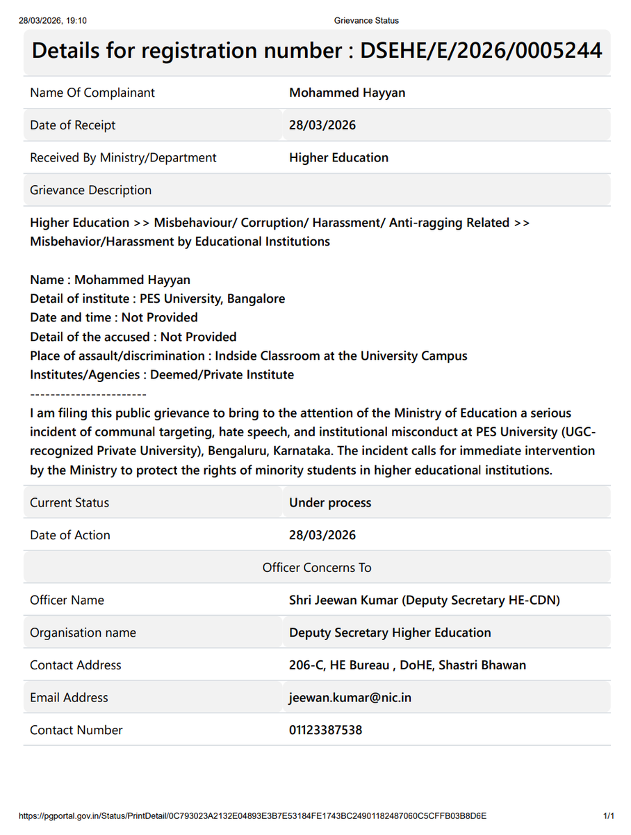 SIOKarnataka's tweet image. SIO Karnataka has filed complaints with the State Human Rights Commission, Minorities Commission, UGC, and Ministry of Education regarding the Islamophobic incident at PES University.

#accountabilitynow 
#justice
#sarvajanangadashanthiyathota