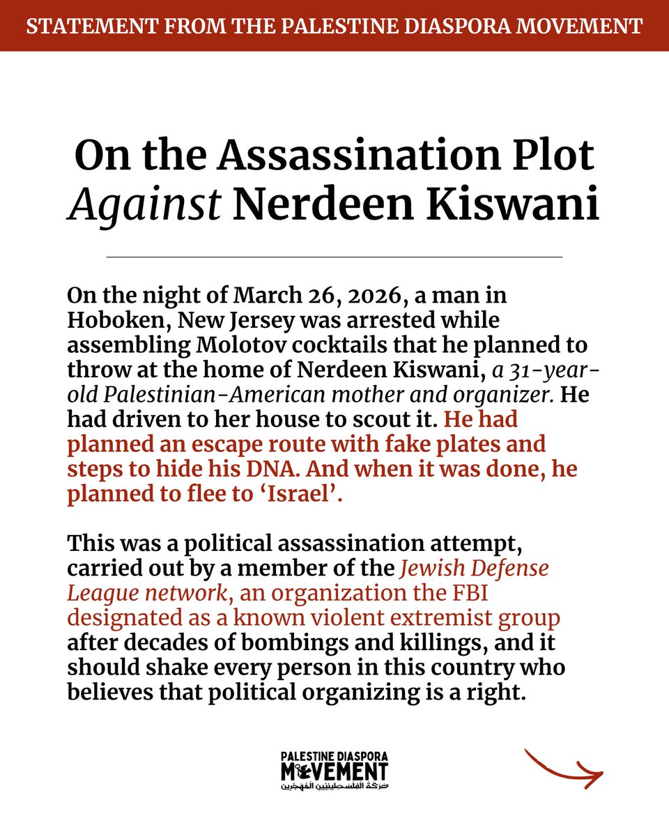 paldiasporamvmt's tweet photo. Statement on the Assasstion Attempt Against @NerdeenKiswani of @WOLPalestine by the Palestine Diaspora Movement. https://t.co/eI5Utb9j9T