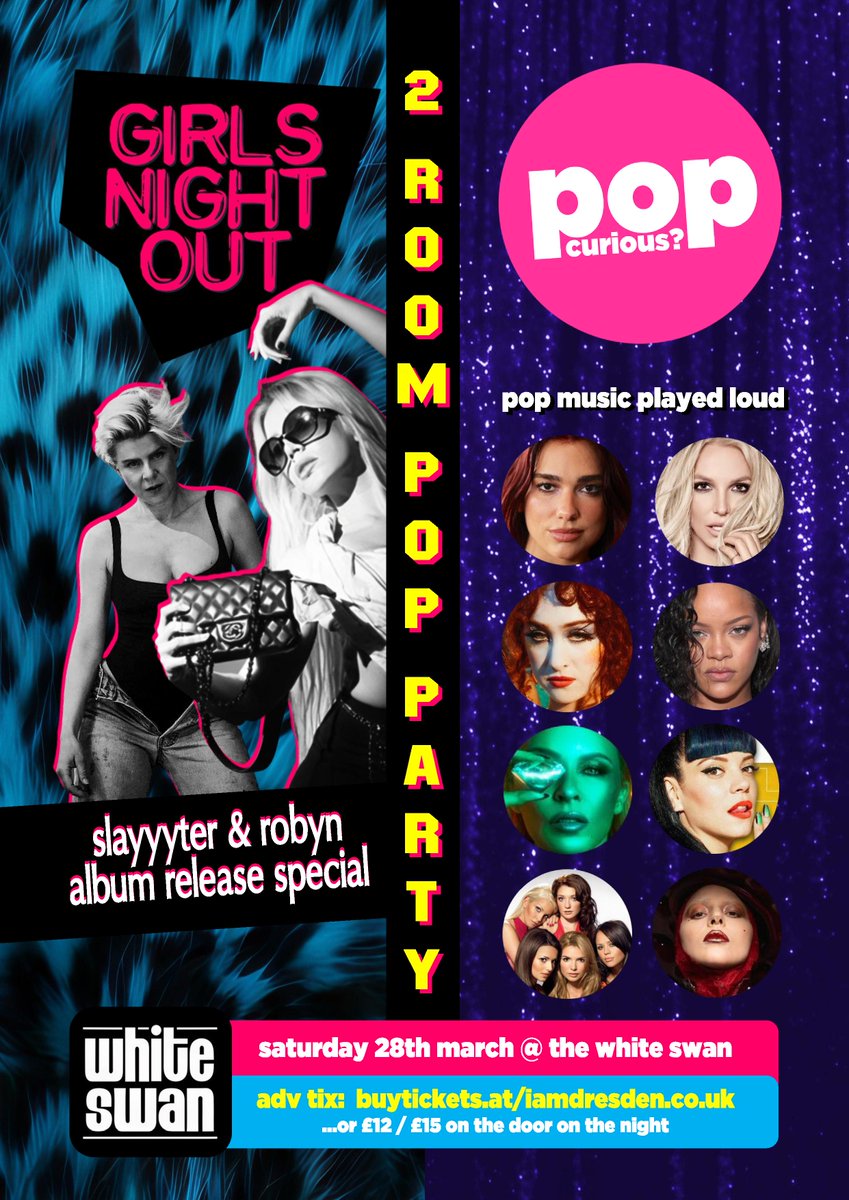 PopCuriousClub's tweet photo. TONIGHT (Sat 28th March):

We're with @GirlsNightOutUK at @TheWhiteSwanBar in Limehouse, London from 10:30pm for a 2 room pop party!

GNO are in The Basement Club with a @robynkonichiwa &amp; @slayyyter album playback special, and we're in The White Swan Bar playing pop bangers! https://t.co/rDSSr77c1I