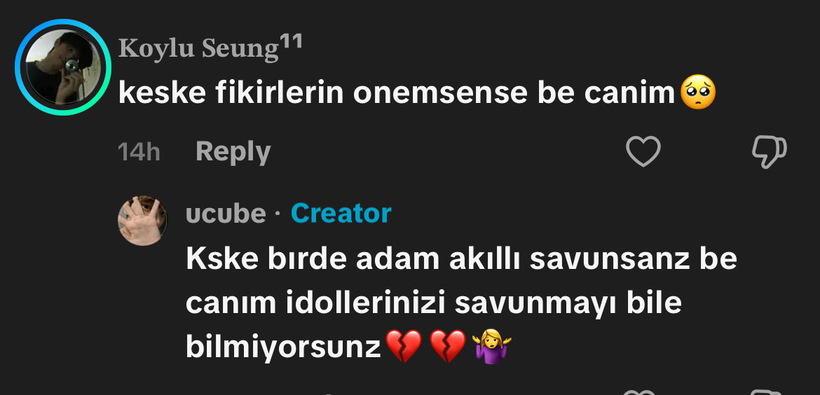 bugun boyle bir sey oldu bu arada. birisi tiktokta justin’in sorry akımıyla skz haterlıgı yaptıgı diger idolleri yücelttigi bi video paylasmıs, 5 kere paylasıp geri sildi captiona da “tutmadıgı icin yine atıyorum” yazıyor bi de acaba neden tutmuyor abla PWHAPWHW (lino ppli benim)