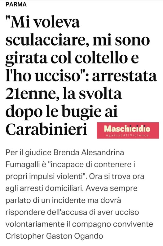 maschicidio's tweet photo. COSTRETTA AD AMMAZZARE PERCHÈ LA VOLEVA SCULACCIARE
"Mi voleva sculacciare, mi sono girata col coltello e l'ho ucciso": arrestata 21enne, la svolta dopo le bugie ai Carabinieri

#violenzafemminile #assassina #omicidio #maschicidio #donneviolente 

https://t.co/I949WwSoI2 https://t.co/xodUmGp7Sx