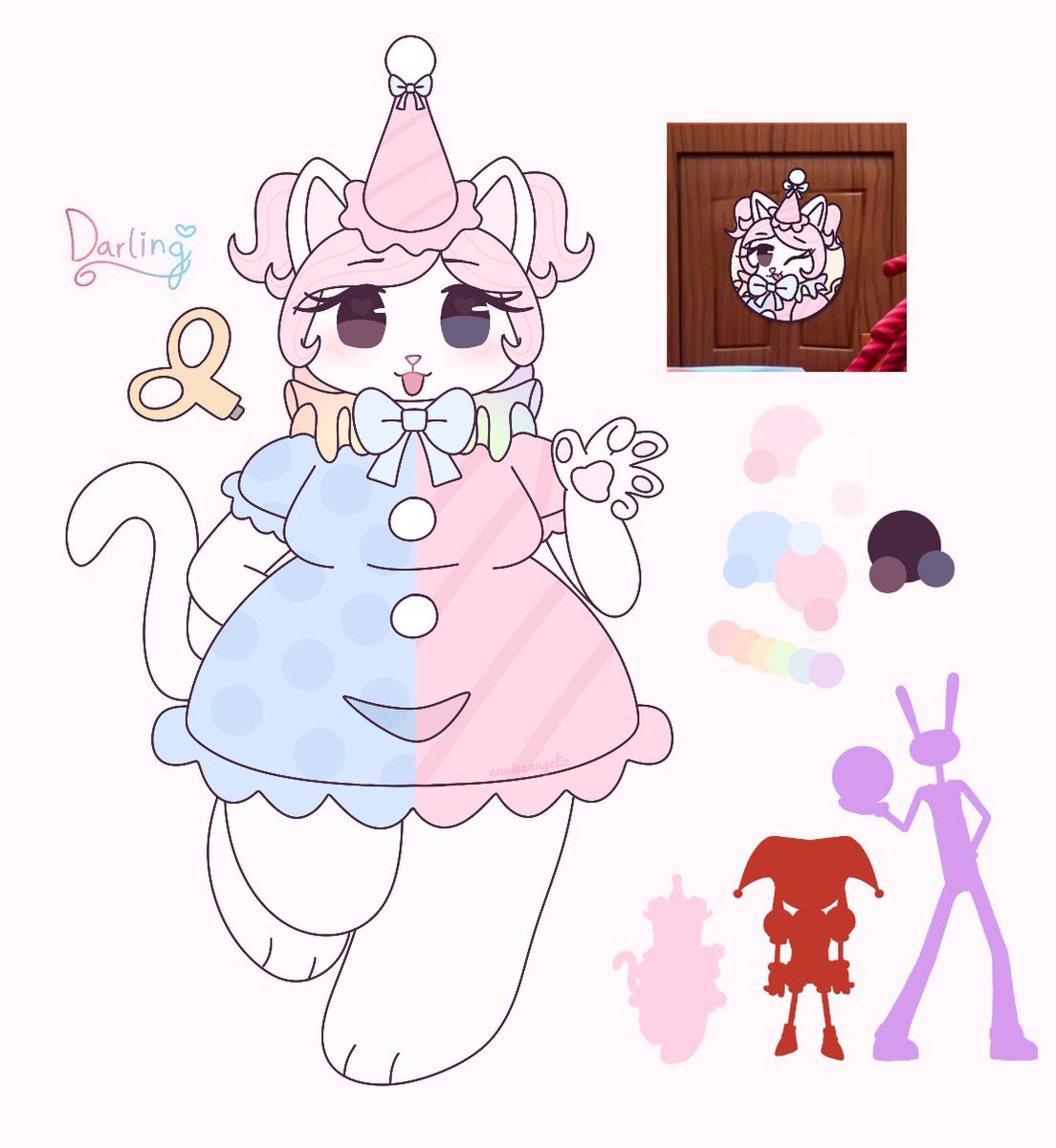 PlumTeaTree's tweet photo. @Jokesitos this is my fart face self insert for the amazing digital circus and im a cringe selfshipper so she's also jax's girlfriend and she's based off of russ berrie's clown cat :p https://t.co/8zOzKY9R1M