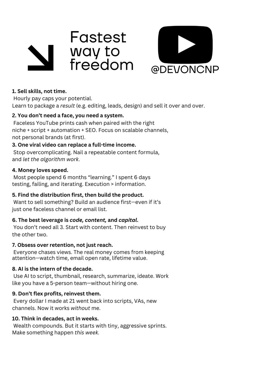 devoncanupspam's tweet photo. I've made $1.5 million from Faceless YouTube.

Want the full breakdown?
Drop "TELL ME" below and I'll DM you exactly how I did it.

Stop wasting time.
Stop burning money.
Start stacking wealth - fast.

But before you go all in...

Here are 10 cheat codes I wish I knew before I became a millionaire: