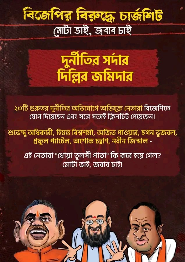DassBabai's tweet image. আজ বঙ্গে নির্বাচনী প্রচারে তৃণমূলের বিরুদ্ধে চার্জশিট পেশ করেছেন কেন্দ্রীয় স্বরাষ্ট্রমন্ত্রী।

তার জবাবে দলের পক্ষ থেকে শাহ বাবুর বিরুদ্ধে একাধিক অভিযোগ এনে চার্জশিট প্রকাশ করা হয়,যার মূল ট্যাগ লাইন- 

মোটা ভাই,জবাব চাই !!
দুর্নীতির সর্দার,দিল্লির জমিদার !!

#ARMYPerú #slvsnz
