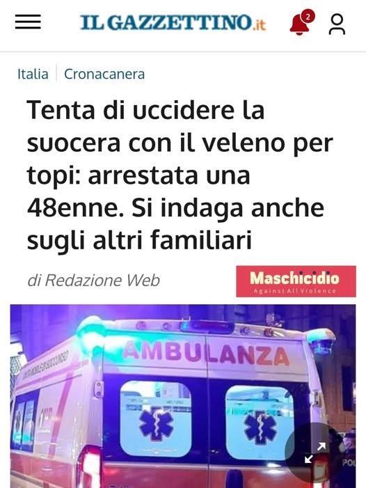 maschicidio's tweet photo. ZOCCOLA USA TOPICIDA
Tenta di uccidere la suocera con il veleno per topi: arrestata una 48enne. Si indaga anche sugli altri familiari

#violenzafemminile #tentatoomicidio #avvelenamento #femminismotossico #donneviolente 

https://t.co/cR9vAn6NyQ https://t.co/CMhWCV2I56