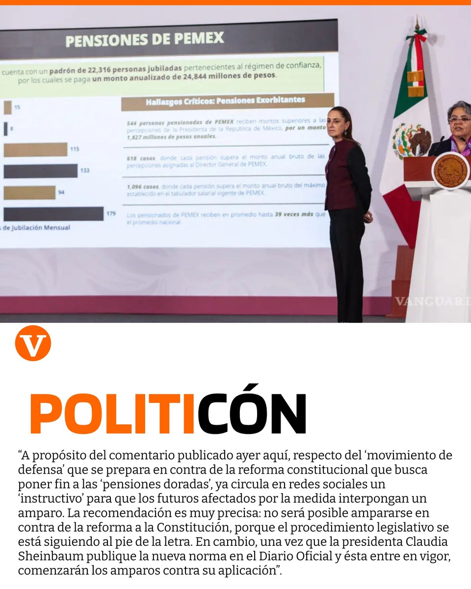 Viene ola de amparos para defender ‘pensiones doradas’. Opino sobre esto en los primeros cuatro puntos de mi columna.
🔗 Aquí la puedes leer completa. 👉 bit.ly/4sPt7Hm