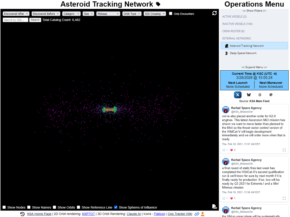 DKerman_KSA's tweet photo. final major Ops Tracker feature is complete &amp; it's something I've wanted to do for years - full ATN catalog display w/interactions!! https://t.co/c5H57BLmBj - you can get the point cloud by selecting the SOI display option, otherwise larger marker spheres aid in click detection https://t.co/zJkff8N2RS