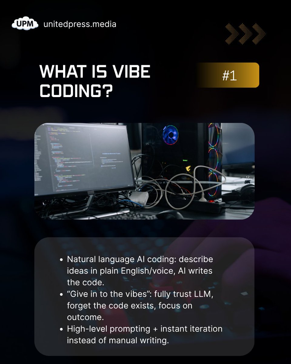 UPM_Agency's tweet photo. 5 QUICK FACTS about VIBE CODING 🔥 

What is #VibeCoding? 
• You just describe what you want in plain English or voice 
• AI writes the actual code 
• “Give in to the vibes” — trust it 100% and focus on the outcome

#CursorAI #AndreKarpathy #DevTok #FutureOfCoding #TechTok https://t.co/yvvcrcW6e6