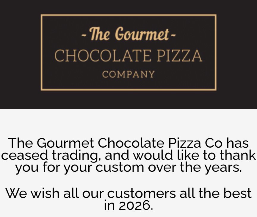 TheANME's tweet photo. I'm gutted to have discovered @ChocPizzaCo has ceased trading! No more chocolate pizza freebies! 😢
Thanks to the team for your help and hundreds of tasty treats over the year, and all the best for the future! https://t.co/dEvLXdGzg3