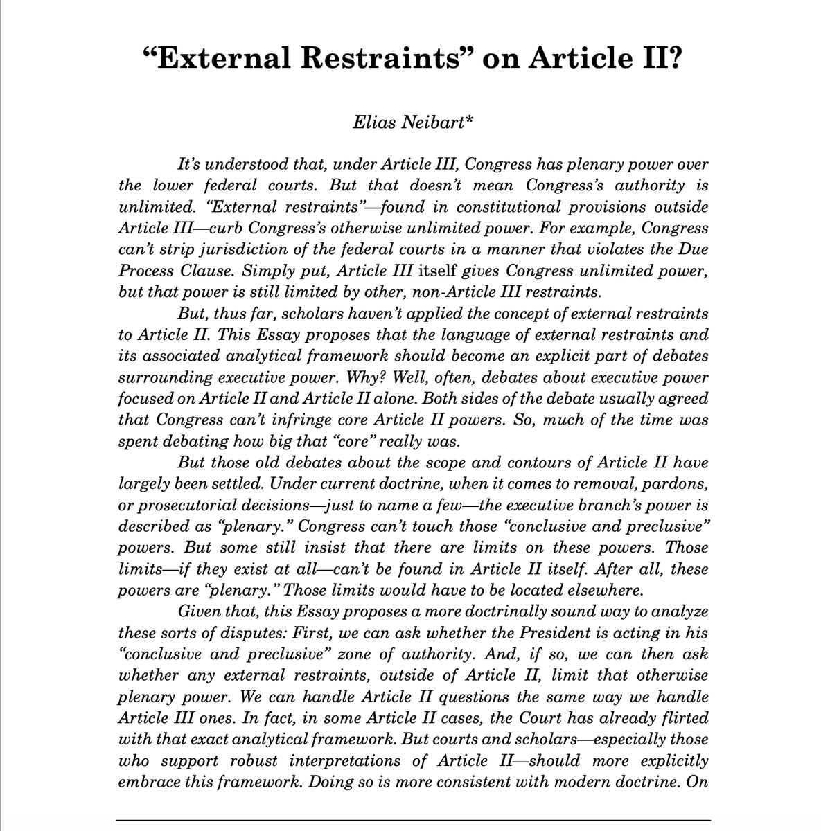 "External Restraints" on Article II? is out in <a href="/VandLRev/">Vanderbilt Law Review</a>: en banc! Borrowing the Article III concept of "external restraints," I argue that any limits on 'plenary' executive powers will have to be found outside of Article II--not within it. Check it out!

papers.ssrn.com/sol3/papers.cf…