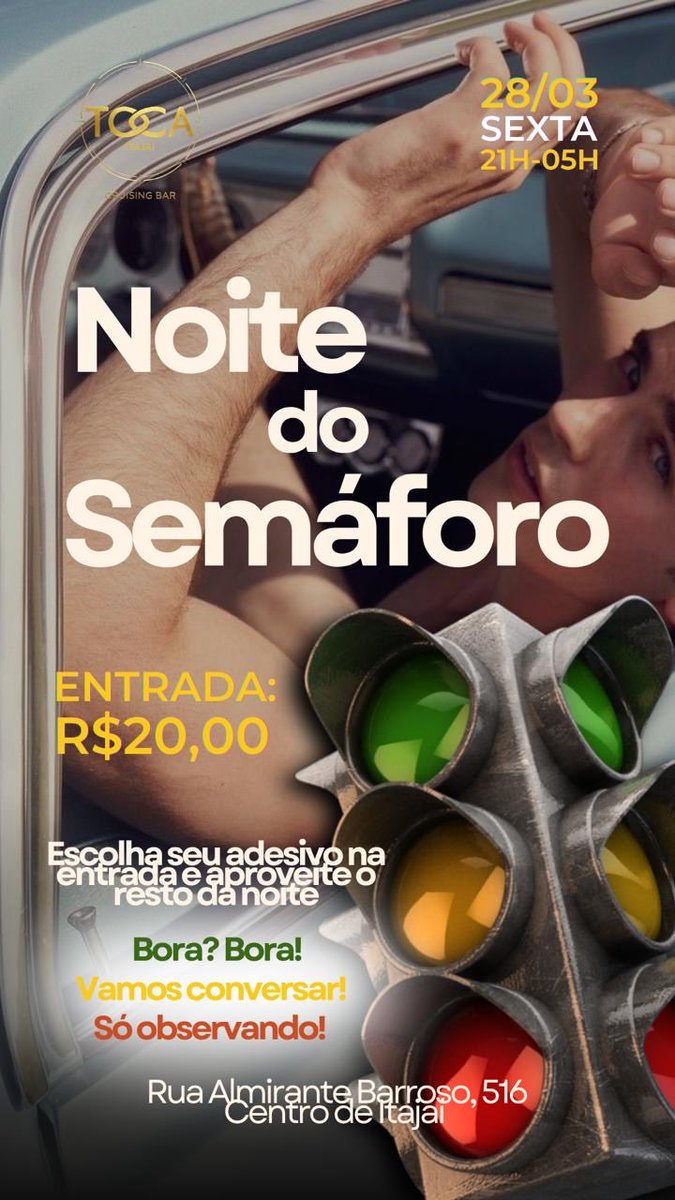 Toca_Cruising's tweet photo. 🚦 NOITE DO SEMÁFORO 🚦

🕘 21h às 05h
🎟 Entrada: R$20,00

🍻 Ambientes: Bar • Cabines • Banheirão • Cinemão • Sinuca • Dark

📍 Rua Almirante Barroso, 516 — Centro de Itajaí

Na TOCA, tudo começa com um toque. https://t.co/JLsHdOV6L4