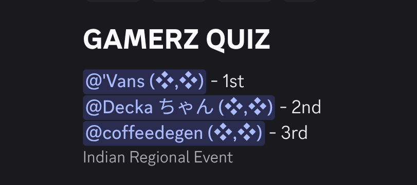 Saturday night in ritual india vc ends with another amazing gamers quiz hosted by me and <a href="/hasan_pira15637/">Yomnu 11 (❖,❖)🪙 🫎</a>

this week vans shocked everyone by topping the leaderboard, Low key gamer.

Thank you so much everyone who joined, see you next week with more amazing and tricky questions.