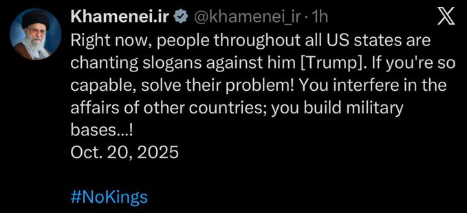 ferozwala's tweet image. Iran's late Supreme Leader #Seyyed Ali Khamenei posts '#NoKIngs' on #X 
#Iran 
#USA 
@RT_com 
x.com/ferozwala/stat…