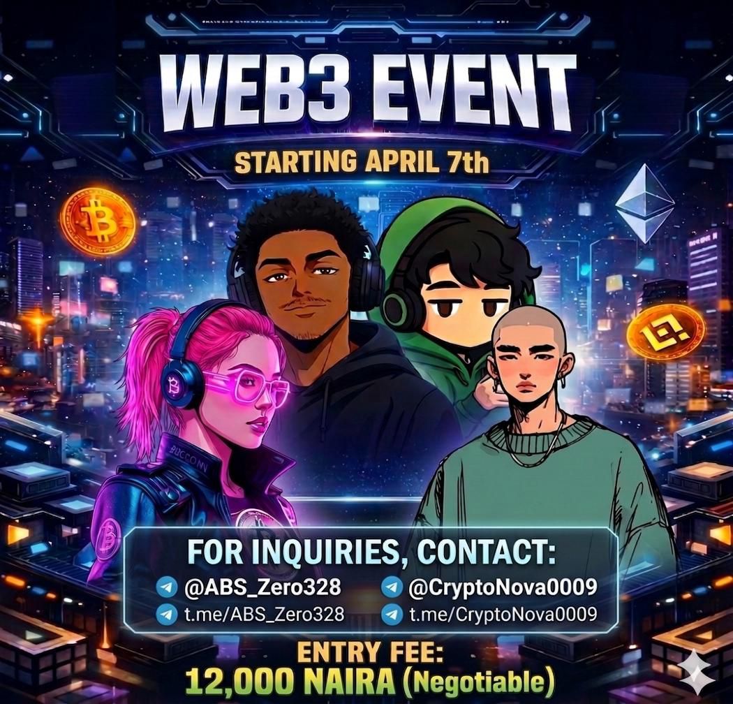 tobiofweb's tweet image. Web3 Event is here!
Starting April 7th
For newbies &amp;amp; intermediates ready to level up 💸

Host: @ABS_Zero328
Tutors: @CryptoNova0009 @Nova_Chain26 @Severofweb3_2 &amp;amp; @tobiofweb (TG)

Fee- ₦12,000 (one-time) Negotiable 
Limited slots - don’t miss out!

#Web3Nigeria  #LearnAndEarn