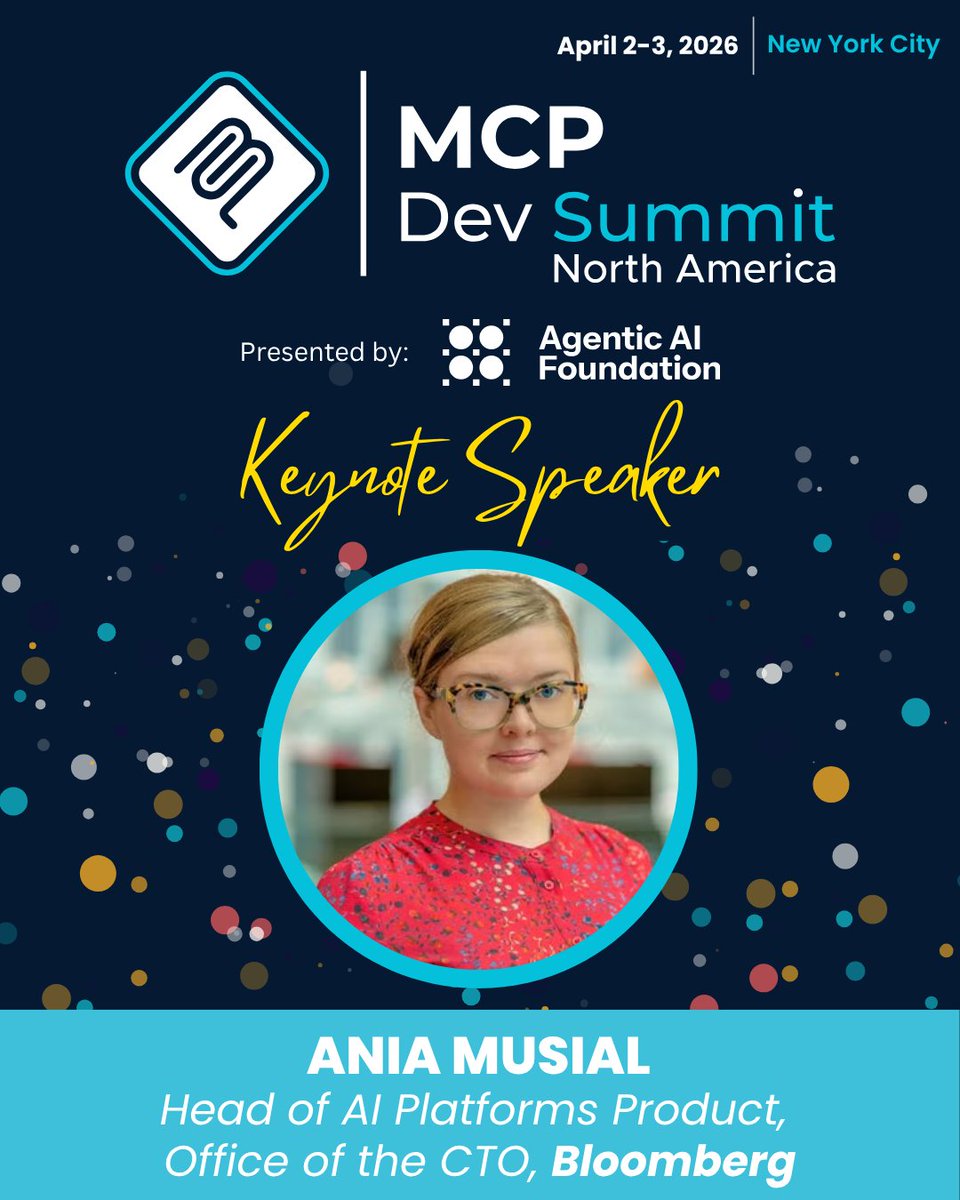 linuxfoundation's tweet image. Interoperability is the easy part. Trust is everything.
Next week at #MCPDevSummit, Ania Musial (Bloomberg) shows how they’re building #MCP-powered #AI systems you can rely on - at scale.
Seats are filling fast! Register now: bit.ly/4lQDOae