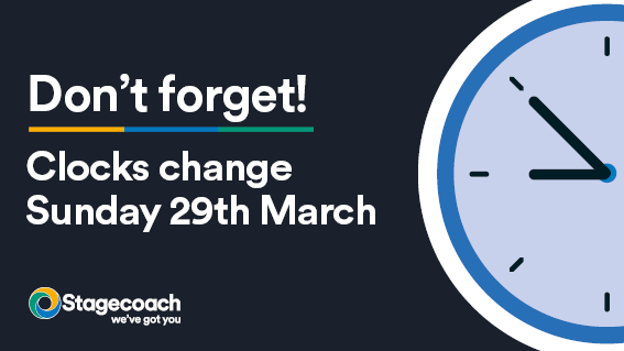 StagecoachSW's tweet photo. Don’t forget that the clocks change from GMT (Greenwich Mean Time) to BST (British Summer Time) at 01:00 tomorrow Sunday 29th March, this will affect some timings to our night buses and Falcon services, see here for more details: https://t.co/Li2wsi9dpQ https://t.co/amOzhHV9Z5