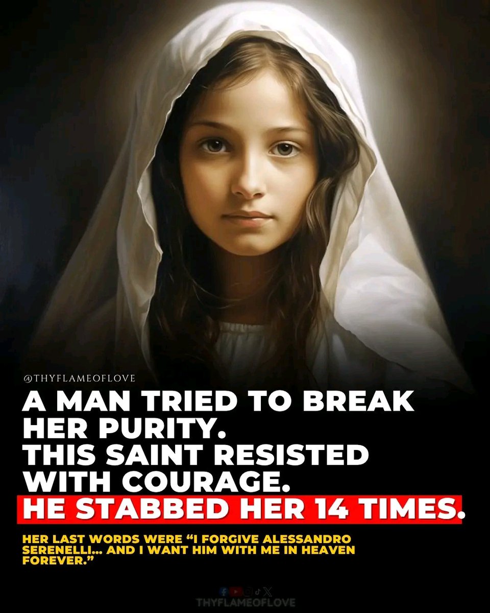 She chose purity over sin and forgave the man who stabbed her as she was dying.🤯🤯

St. Maria Goretti was only 11 years old. She lived in Italy with her poor farming family and spent her days helping at home and caring for her younger siblings. She had very little schooling, but