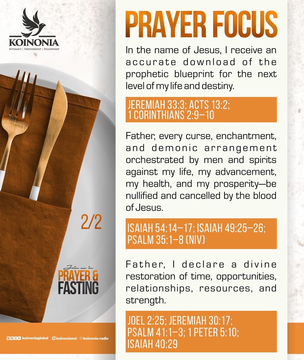 PRAYER FOCUS FOR THIS SUNDAY'S FASTING AND PRAYER - 29TH MARCH, 2026

Beloved Saints, please be reminded that we will be waiting upon the Lord in fasting and prayers. We are all encouraged to stretch until 3PM (WAT).

1. In the name of Jesus, I contend for greater capacity and