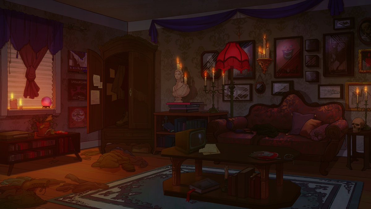 cameronfeltart's tweet photo. process for Circe's flat background art for #BurntheMidnightOil visual novel game. from
@FOXGLOVEGAMESS
sketch->lineart->flat color->render https://t.co/QJpOYvmdHI