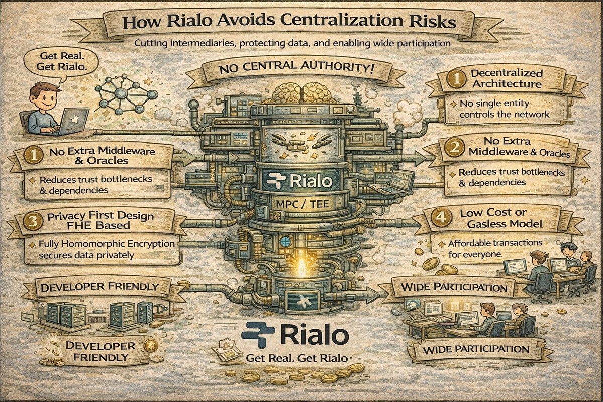 TumpaD99408's tweet photo. How Rialo Avoids centralization Risks
@RialoHQ
Rialo reduces centralization by designing its system to minimize control points and intermearies:-
@RialoIndian
1. Decentralized Architecture 
It removes reliance on centralized validators or service providers ensuring no single entity controls the network.
2. No extra middleware and Oracles
By avoiding external dependencies, Rialo reduces trust in third parties that can become centralization bottlenecks.
3. Privacy First Degine FHE based
Using advanced encryption like Fully Homomorphic Encryption FHE, data stays secure without needing centralized data handlers.
4. Low cost or gasless Model
Affordable transactions allow broader participation and preventing wealth based control over the network.
5. Open and scalable Ecosystem 
Encourages more developers and nodes to join, increasing distribution and reducing concentration of power.
Mainly:- Rialo stays decentralized by cutting intermediaries and protecting data, and enabling wide participation.
Get Real Get Rialo
