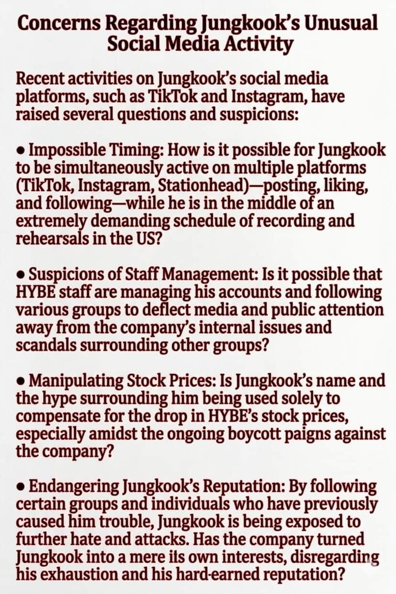 ranu_112's tweet photo. @Kpop_Divaj8mw Jungkook’s recent SNS activity is physically impossible. How can he be active on TikTok, IG, and while on a tight schedule in the US ? Something is wrong. #FREEJUNGKOOK #HYBEStopUsingJungkook @BIGHIT_MUSIC @HYBEOFFICIALtwt https://t.co/NasE5BpMzs