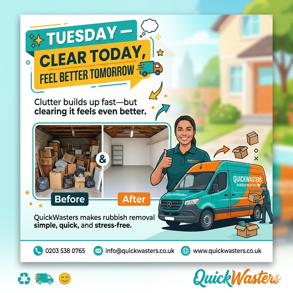 Quickwasters1's tweet image. CLEAR TODAY, FEEL BETTER TOMORROW 🚛💭
Clutter builds up fast—but clearing it feels even better.
QuickWasters makes rubbish removal simple, quick, and stress-free.
.
📞 0203 538 0765
📧 info@quickwasters.co.uk
🌍 quickwasters.co.uk
.
#DeclutterToday #QuickWasters