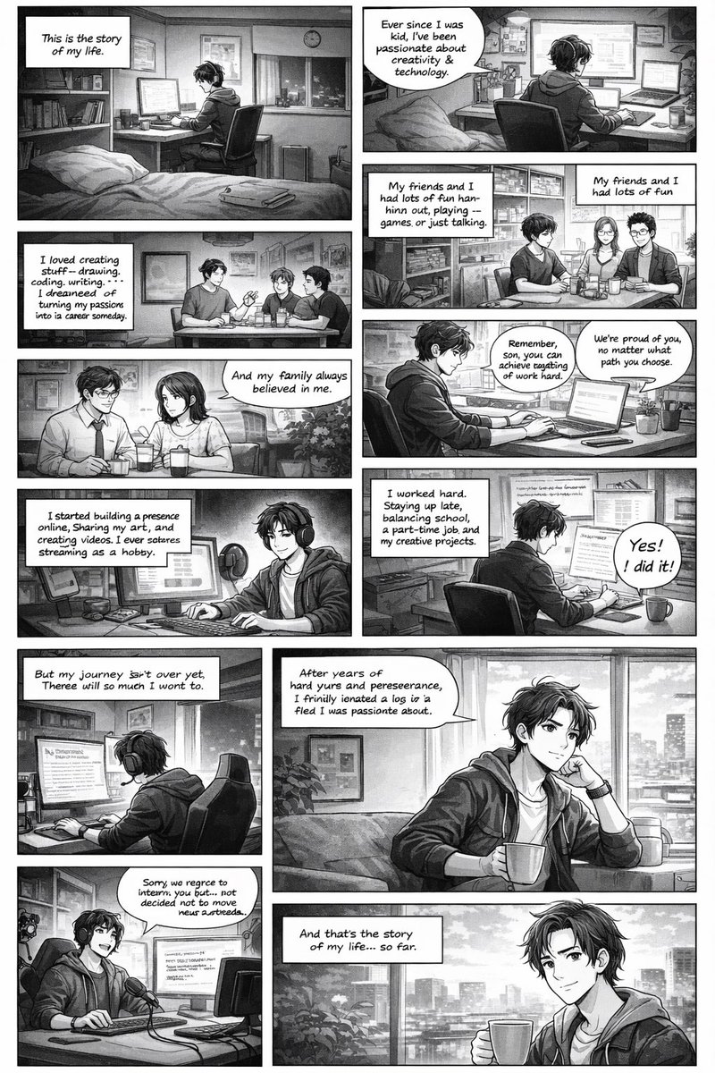 I prompted ChatGPT:
“Generate a manga in this artistic style, but make the theme and topic about my life”