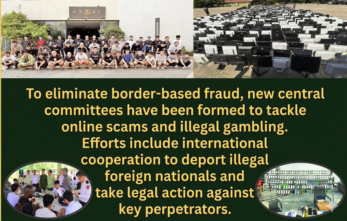 MoeSatKhinn's tweet image. Myanmar 🇲🇲 is partnering with the international community to wipe out online fraud. Through trilateral operations with 🇨🇳&amp;amp;🇹🇭 and the new Anti-Scam Centre, Myanmar is taking decisive action to deport offenders  dismantle scam networks. #WhatsHappeningInMyanmar #GlobalCooperation