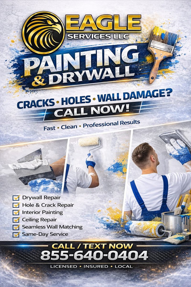 BOWIE, MD homeowners — got cracked walls, holes, peeling paint, or ugly drywall damage?
Eagle Services LLC is ready to make your walls look clean, smooth, and like new again.
✅ Drywall Repair
✅ Hole &amp; Crack Repair
✅ Interior Painting
✅ Ceiling Repair
✅ Seamless Wall Matching