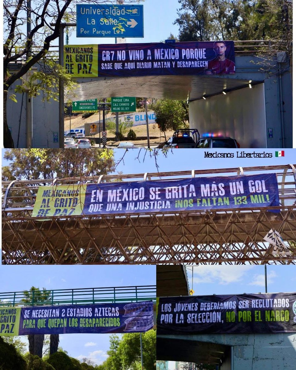 🚩| Mexicanos al Grito de Paz, colocan mantas camino al #EstadioAzteca. 

“Los jóvenes deberíamos ser reclutados por la Selección, no por el narco".