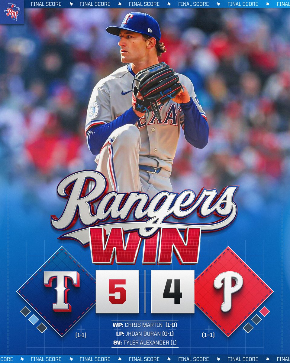 Rangers__Nation's tweet image. FOR THE FIRST TIME IN 2026, HELLO WIN COLUMN!

The Rangers take a NAILBITER in Philadelphia, powered by dominant pitching early and a pair of long balls from Corey Seager and Jake Burger.

Jacob Latz, making the start in place of Jacob deGrom, was outstanding, spinning 4 innings
