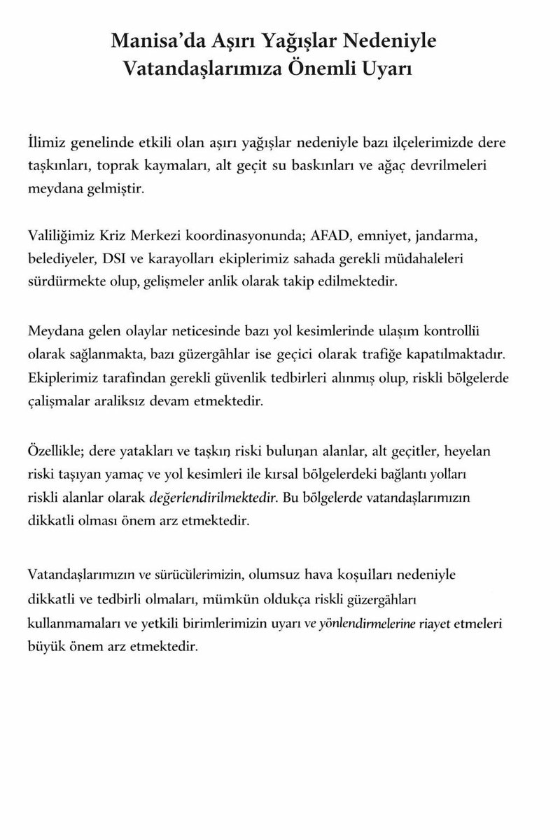 Afad_Manisa's tweet photo. Manisa’da Aşırı Yağışlar Nedeniyle Vatandaşlarımıza Önemli Uyarı https://t.co/fAJLDYdx2f