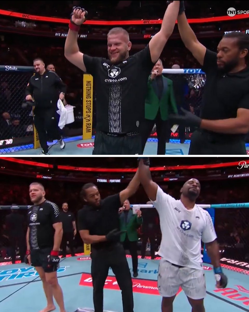 YahooSports's tweet image. Marcin Tybura was named the winner vs. Tyrell Fortune at UFC Seattle, before Fortune was brought back into the Octagon and declared the winner after the mix-up 👀