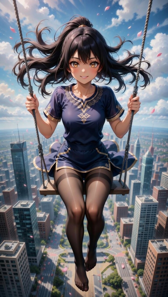 noctiron's tweet image. My personal place of power... 🏙️✨ Who dares to push my swing even higher? I promise, the view is worth it! 😏
Just hold on tight, because it’s not just the height that will make your head spin... 😉✨

SFW illustration   
#AIart #Airin