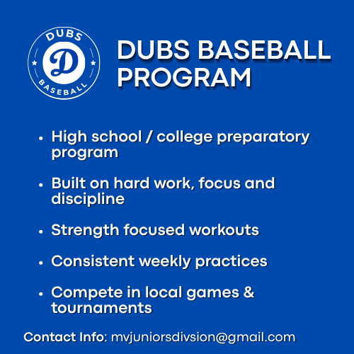 dubsbaseball_'s tweet photo. The Dubs Baseball Program is back and better than ever. We’re excited to offer both 16U and 18U teams this year, giving players the opportunity to train, grow their skills, and play competitive games all summer long.
To get started email: mvjuniorsdivision@gmail.com https://t.co/Ikp7Lvon24