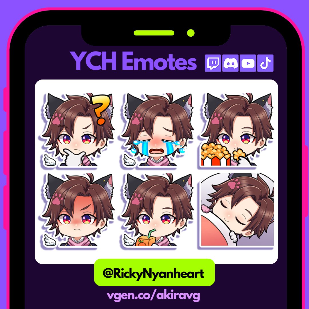 New YCH Emotes for Ricky Nyanheart   

#VGenComm #VGenOpen #VGen #vgenartist #YCH #Emotes #Vtuber #ENVtuber #TwitchEmotes #commissionsopen