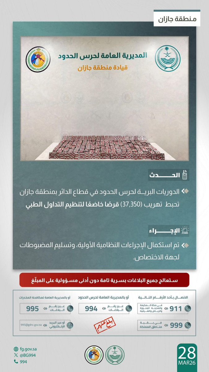 طلب توضيح ومصدر حول خبر إحباط تهريب 37,350 قرصًا