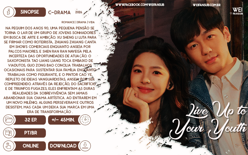 WeiFansub's tweet image. #LANÇAMENTO | LIVE UP TO YOUR YOUTH
China ultimamente tá engajada em dramas do século passado e a gente tá ficando viciado em ver essa fase. Agr temos o Bai Yu como um cara do interior q trabalha numa fábrica, mas é doido pra virar roteirista. É depois de uma briga com o chefe