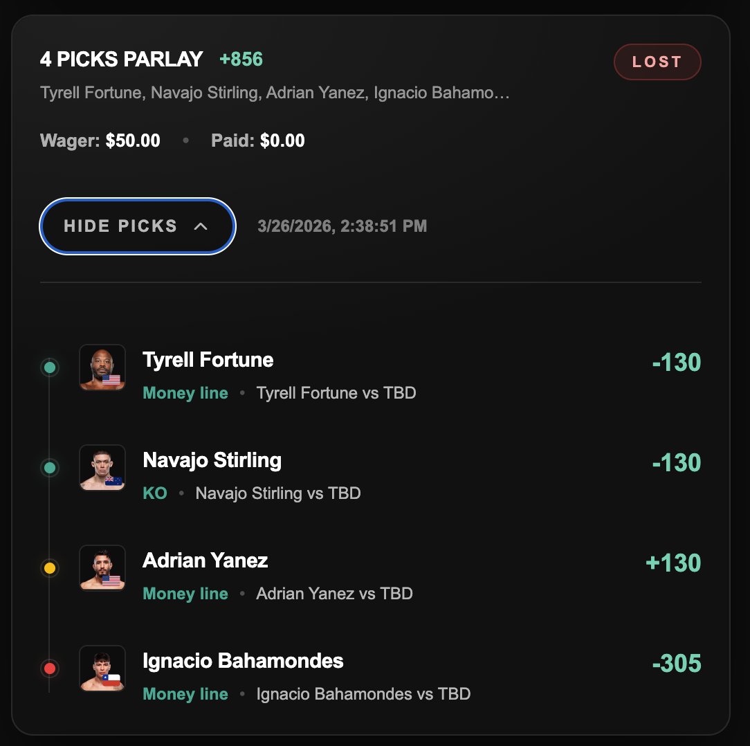 lil_shmoo's tweet image. My Parlays Are Cursed 😥

This Is what We Did 👇
Lance Gibson ML (+200)✅
Tyrell Fortune ML (-135)✅
Navajo Sterling By KO (-165)✅
Ignacio Bahamondes ML (-325) ❌
Adrian Yanez ML (+130) 🤔
#UFCSeattle