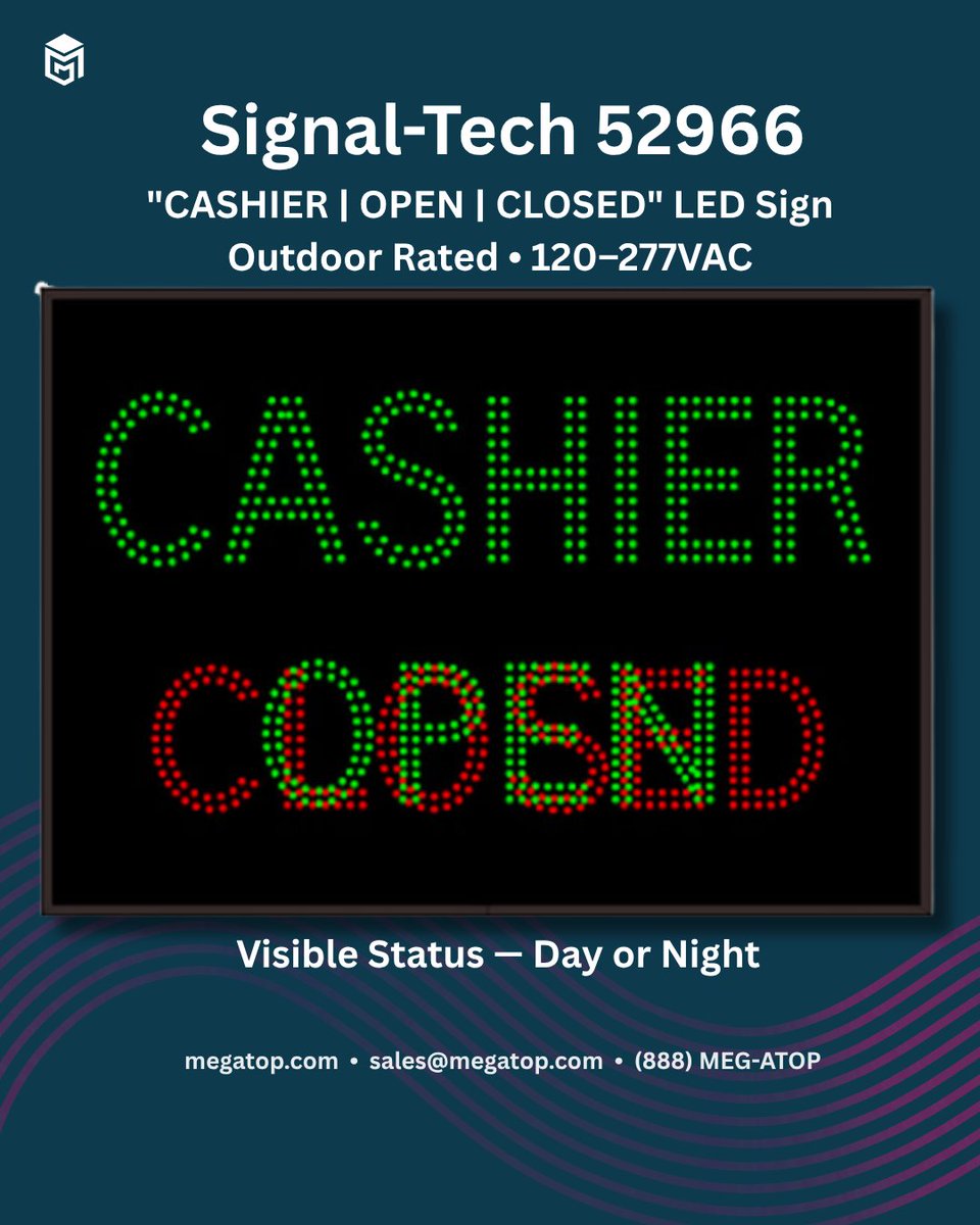 megatopcom's tweet image. Need clear OPEN / CLOSED signaling?
Signal-Tech 52966
"CASHIER | OPEN | CLOSED" LED Sign
Outdoor • Direct-View LEDs
Shop:
megatop.com/product/signal…
#SignalTech #LEDSign #DriveThru #Megatop
