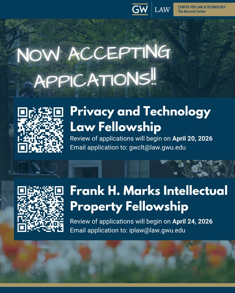 gw_clt's tweet photo. Aspiring IP or privacy law scholar? GW Law's Marks and Privacy &amp; Tech Fellowships offer mentoring, research support, and a launchpad to the legal academy. Applications open now — review begins April 20 &amp; 24.

#PrivacyLaw #TechnologyLaw #LegalAcademia #LawFellowship #LawFaculty https://t.co/LN7Kh2Af2c