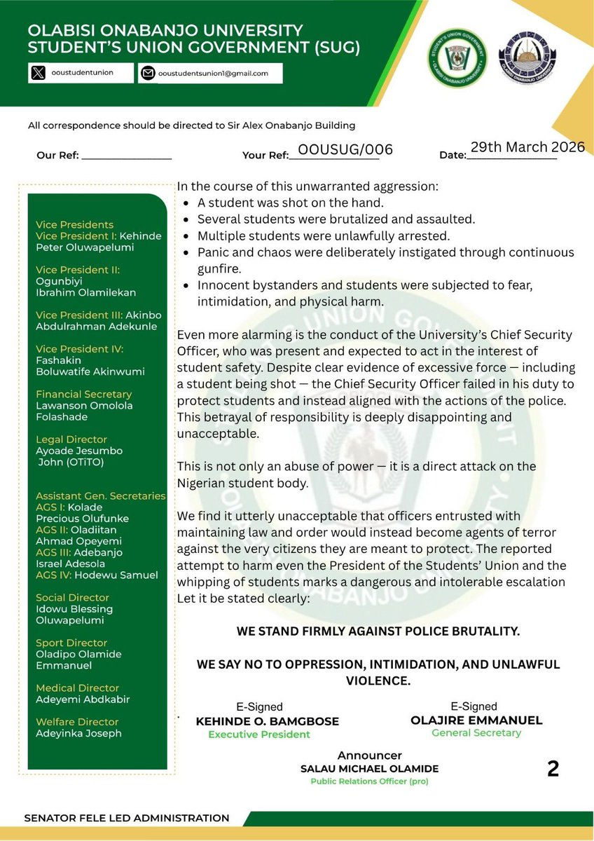 Olabisi Onabanjo University Students’ UNION tweet media
