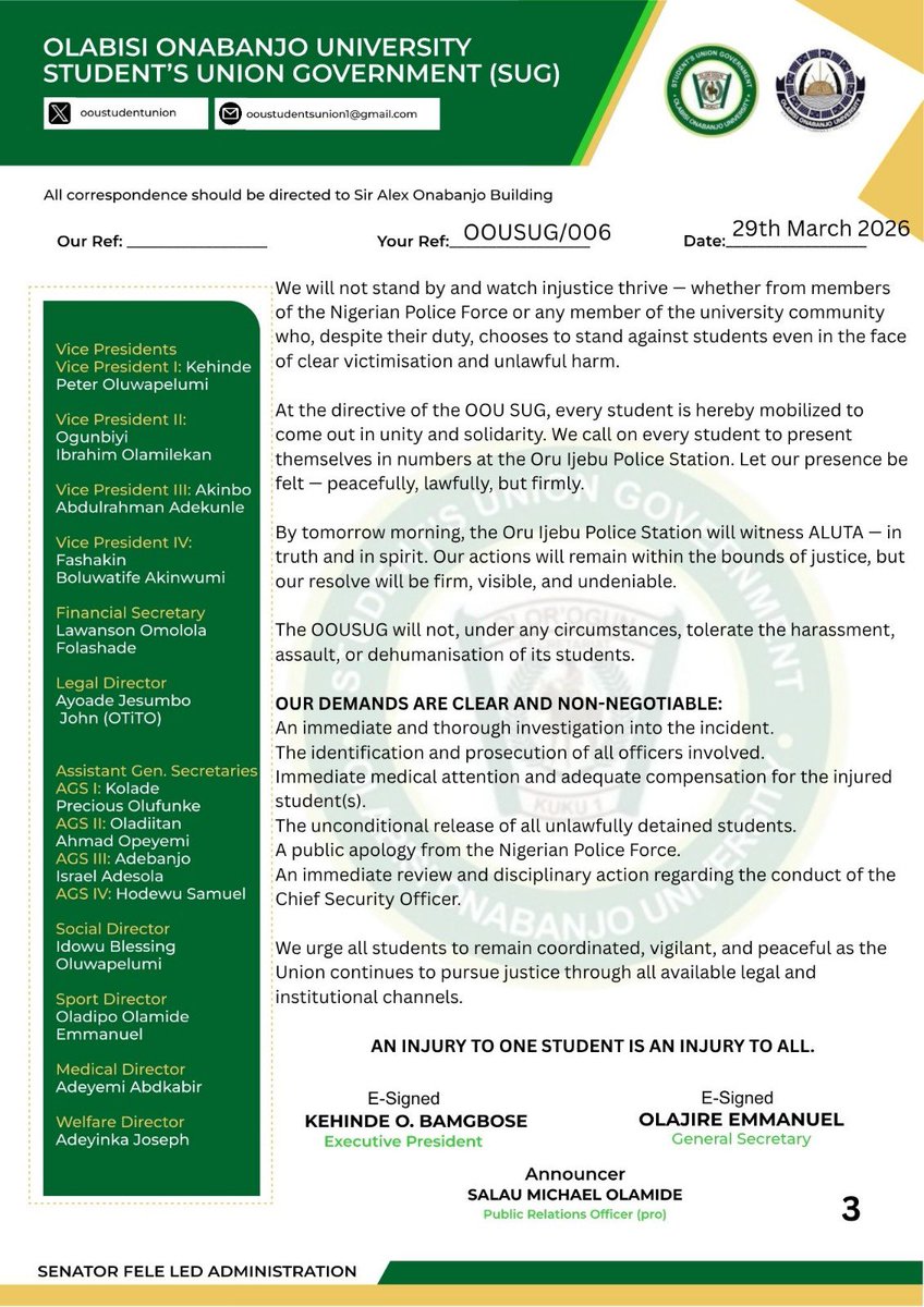 Olabisi Onabanjo University Students’ UNION tweet media
